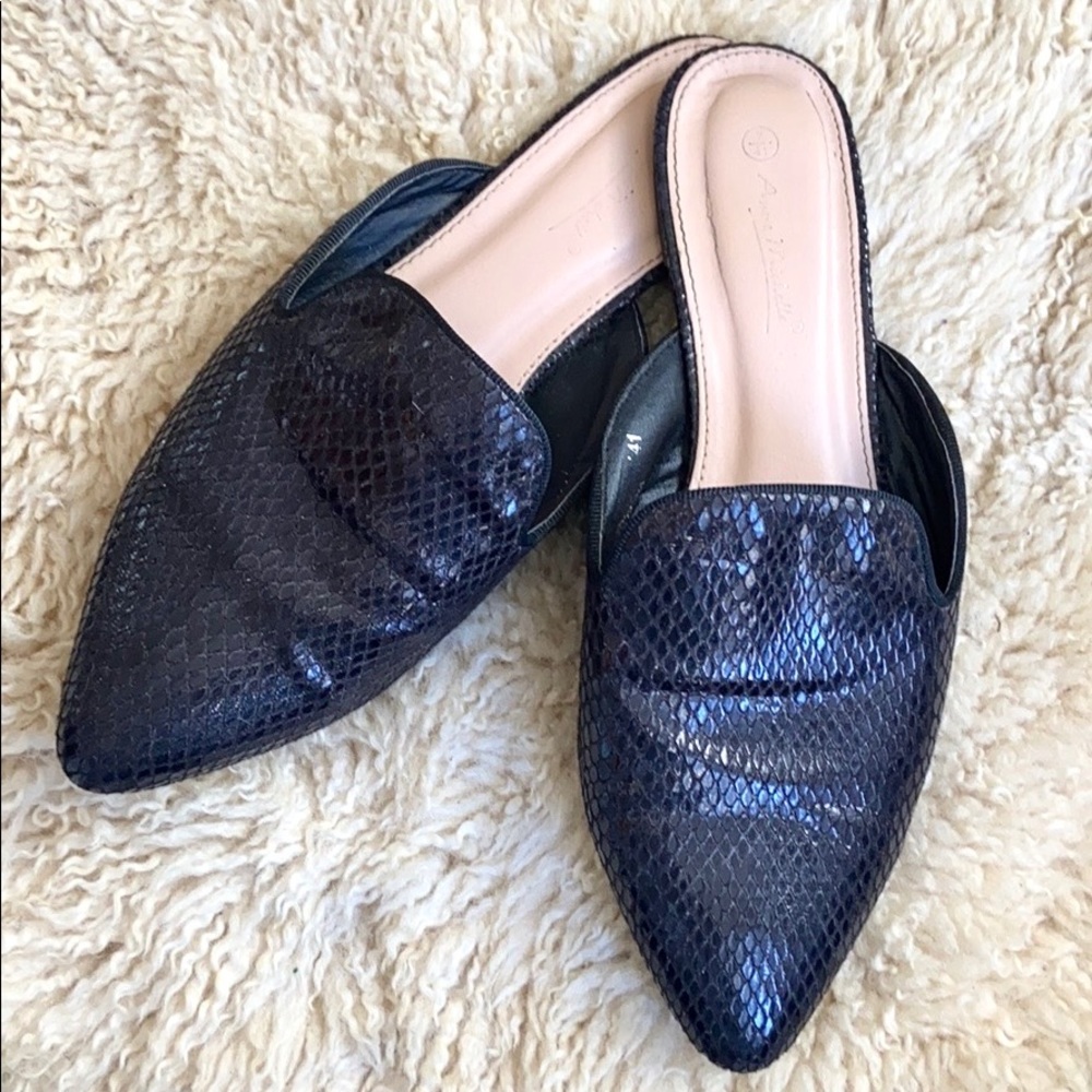 Metallic Black Snakeskin Flat Mules